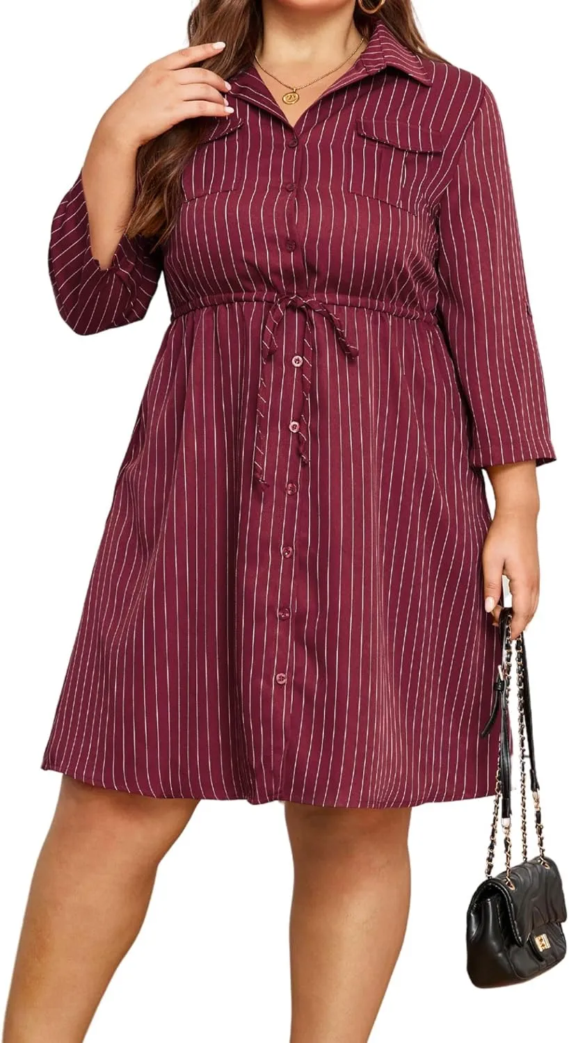Theenkoln Womens Plus Size Button Dress Collared V Neck 3/4 Sleeve Striped Casual Drawstring Midi Fall Dresses with Pocket