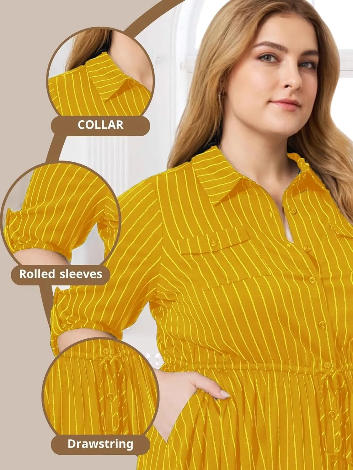 Theenkoln Womens Plus Size Button Dress Collared V Neck 3/4 Sleeve Striped Casual Drawstring Midi Fall Dresses with Pocket