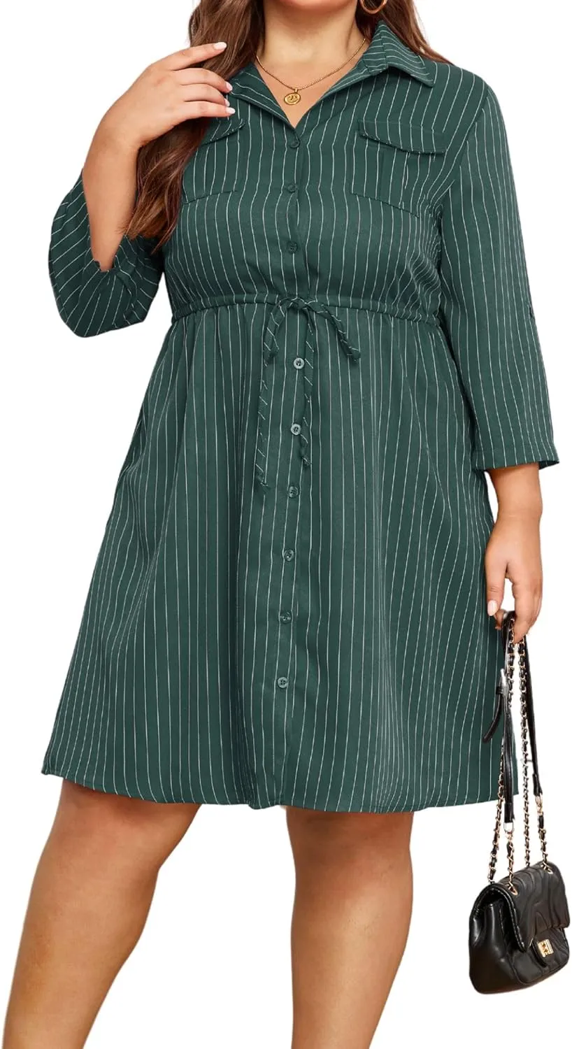 Theenkoln Womens Plus Size Button Dress Collared V Neck 3/4 Sleeve Striped Casual Drawstring Midi Fall Dresses with Pocket