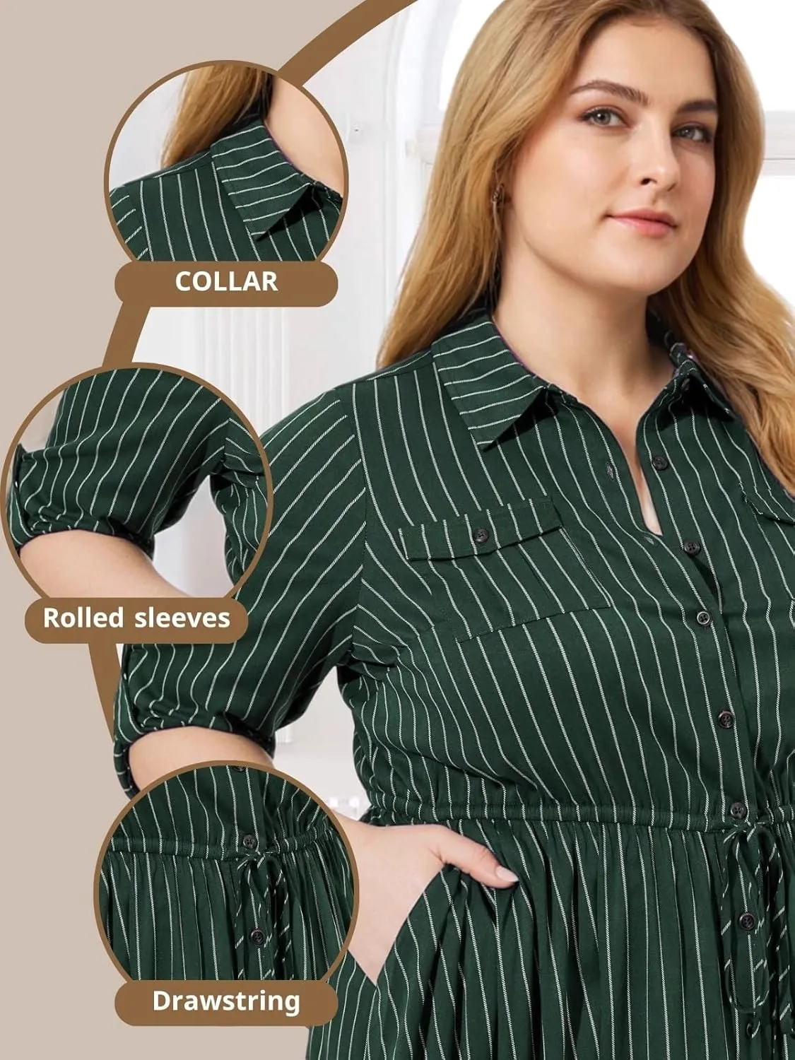 Theenkoln Womens Plus Size Button Dress Collared V Neck 3/4 Sleeve Striped Casual Drawstring Midi Fall Dresses with Pocket