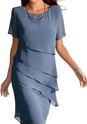 Tiered Chiffon Pleated A Line Flowy Mini Dress Womens Casual Solid Color Long Dresses Cocktail Party Evening Dresses