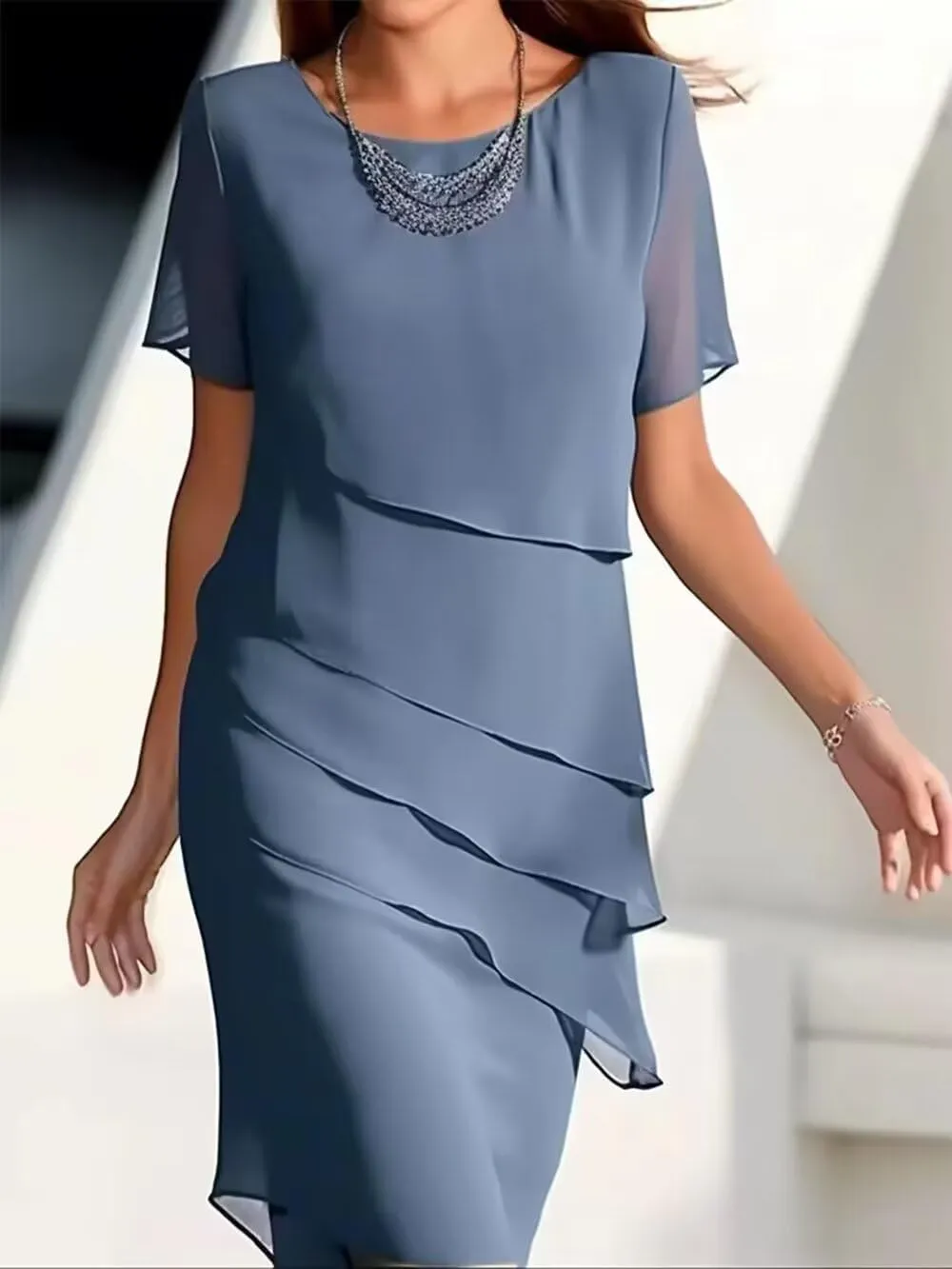 Tiered Chiffon Pleated A Line Flowy Mini Dress Womens Casual Solid Color Long Dresses Cocktail Party Evening Dresses