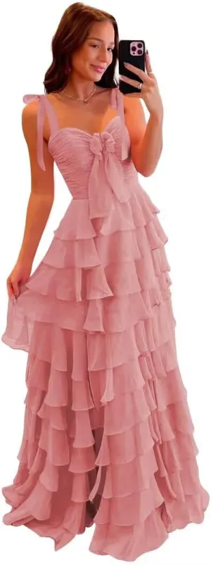 Tiered Prom Dress 2025 Chiffon Spaghetti Straps Long Layered Slit Ball Gowns for Women Elegant Formal Evening Gowns
