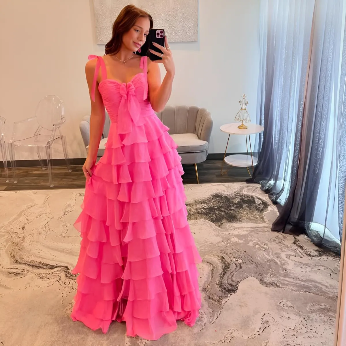 Tiered Prom Dress 2025 Chiffon Spaghetti Straps Long Layered Slit Ball Gowns for Women Elegant Formal Evening Gowns