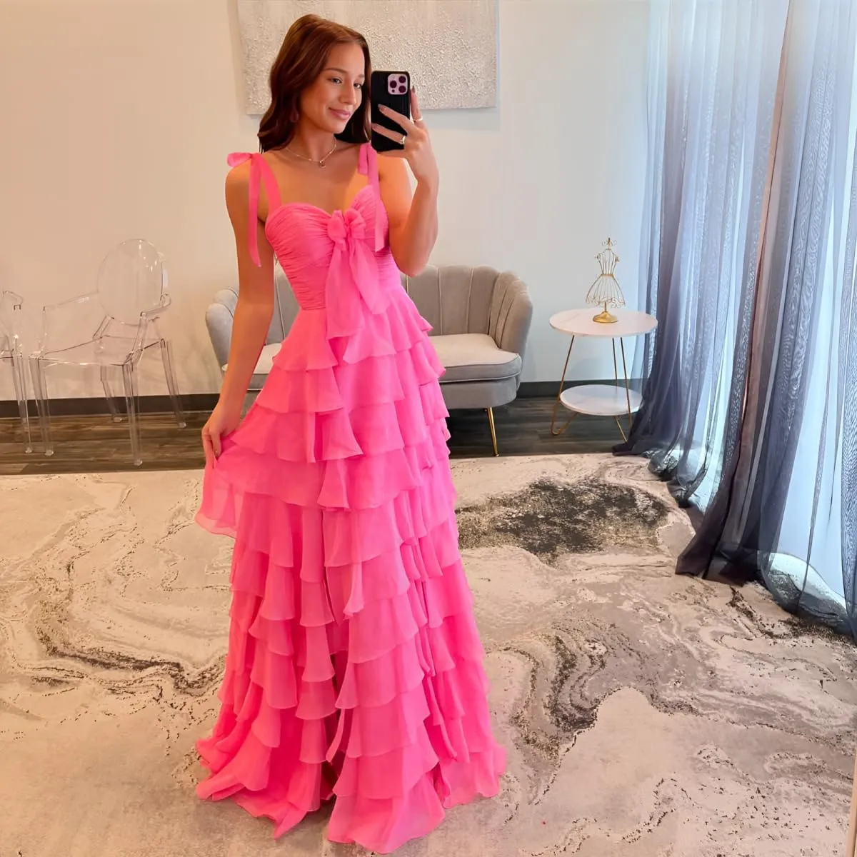 Tiered Prom Dress 2025 Chiffon Spaghetti Straps Long Layered Slit Ball Gowns for Women Elegant Formal Evening Gowns