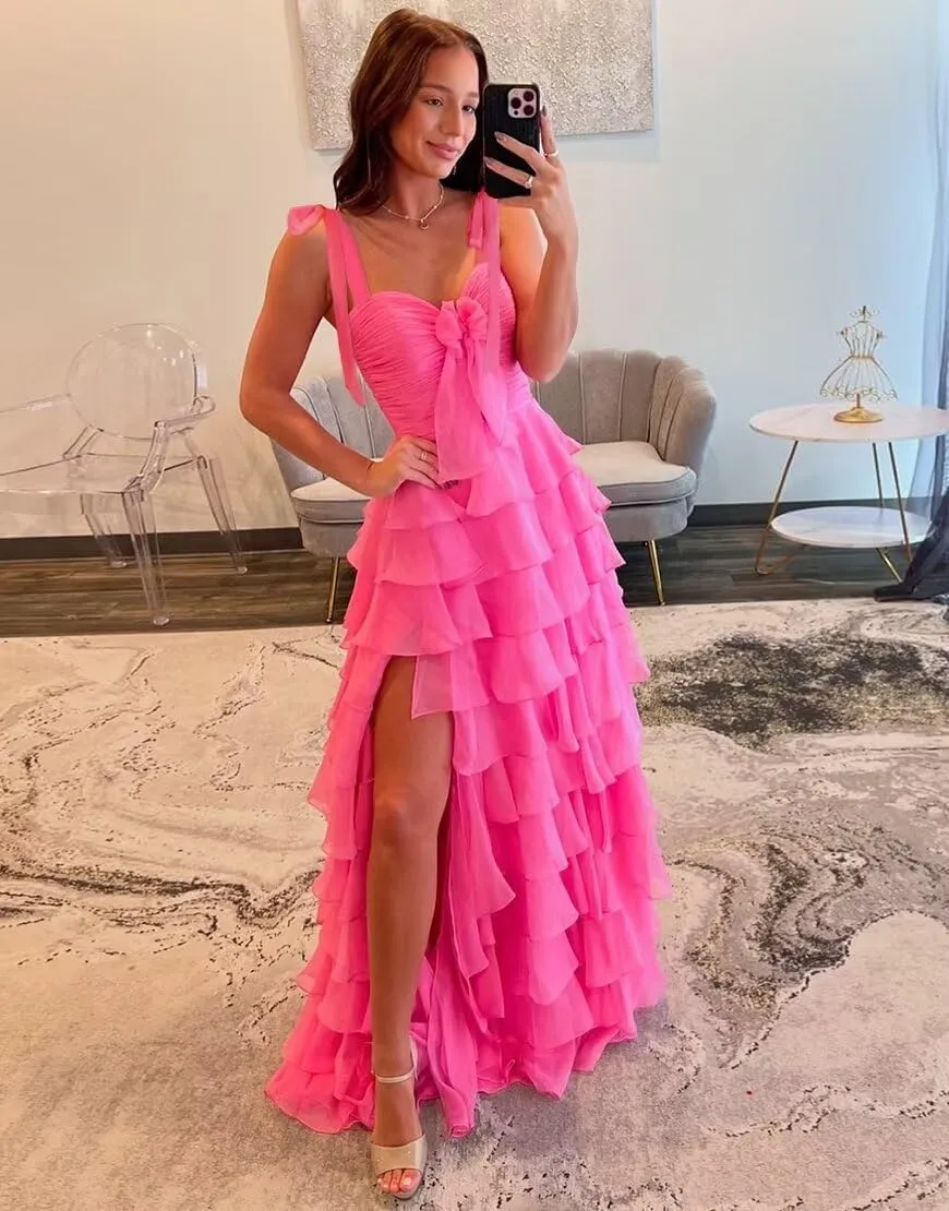 Tiered Prom Dresses for Women 2025 Long Spaghetti Straps Layered Ruffle Chiffon Formal Evening Gowns with Slit