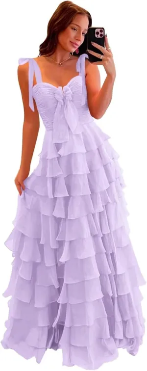 Tiered Prom Dresses for Women 2025 Long Spaghetti Straps Layered Ruffle Chiffon Formal Evening Gowns with Slit