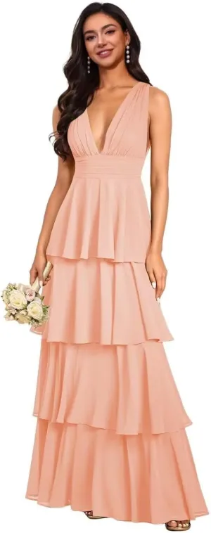 Tiered Ruffles Chiffon Bridesmaid Dresses 2025 V Neck Formal Dress for Women A-Line Long Maxi Evening Gown