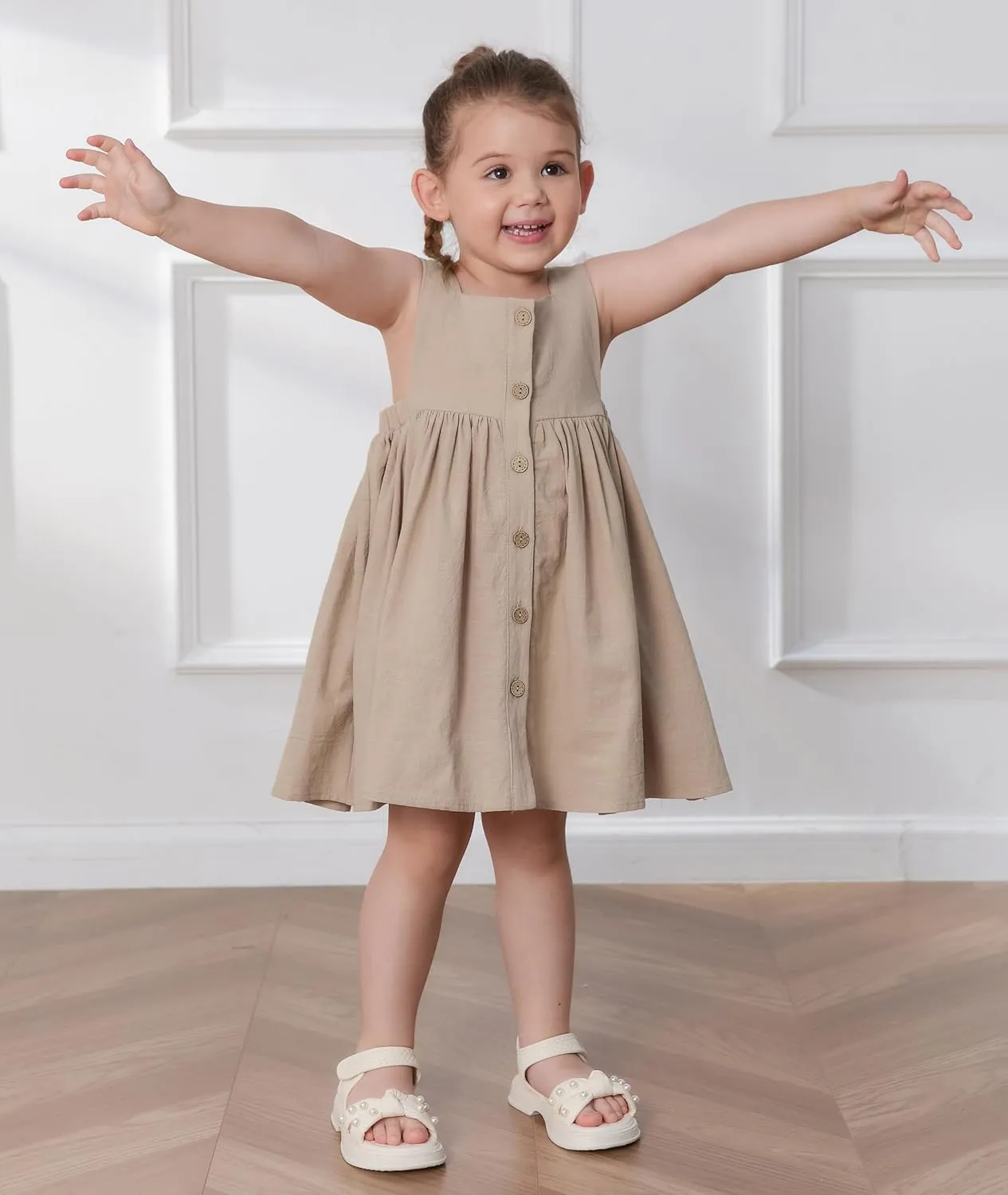 Toddler Girl Cotton Linen Summer Dress Suspender Sleeveless Button Beach Girls Sundress