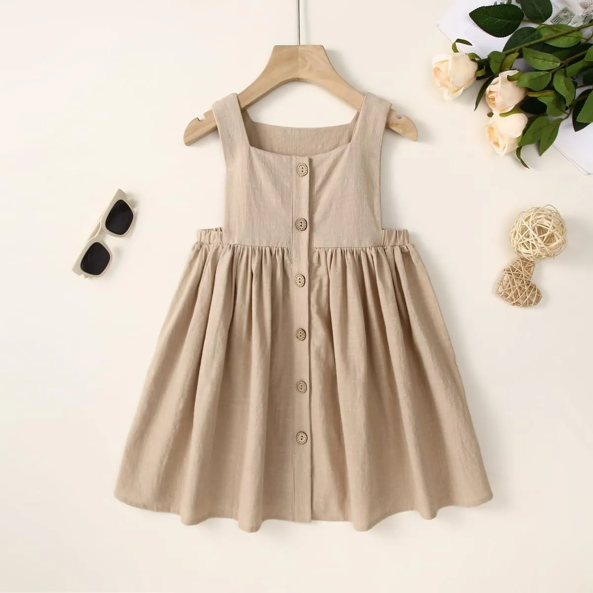 Toddler Girl Cotton Linen Summer Dress Suspender Sleeveless Button Beach Girls Sundress