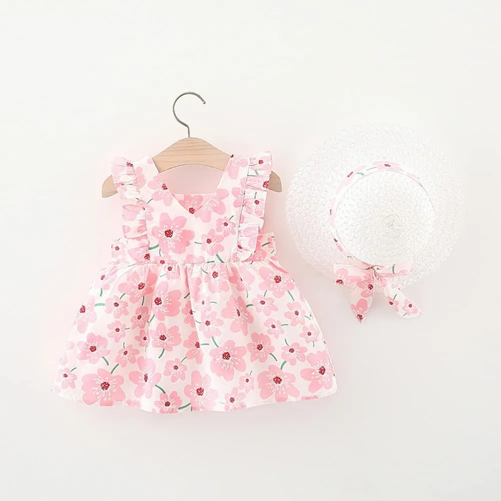 Toddler Girls Sleeveless Backless Tutu Dress with Sun Hat Baby Summer Outfits Sundress Princess Birthday Party Dress