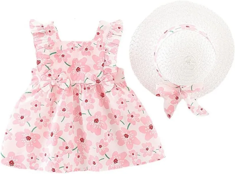 Toddler Girls Sleeveless Backless Tutu Dress with Sun Hat Baby Summer Outfits Sundress Princess Birthday Party Dress