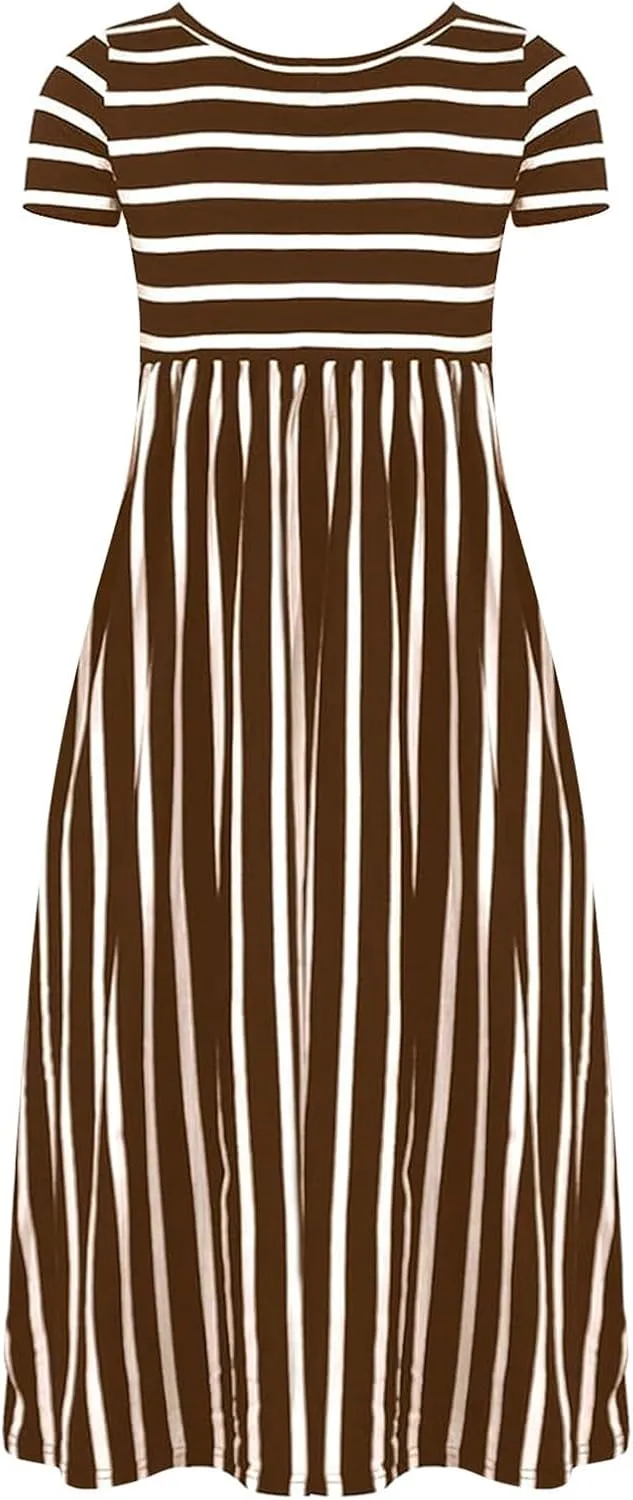 Toddler Kids Children Girls Short Sleeve Sundress Stripe Print Summer Beach Holiday Dress Cute Maxi Dress