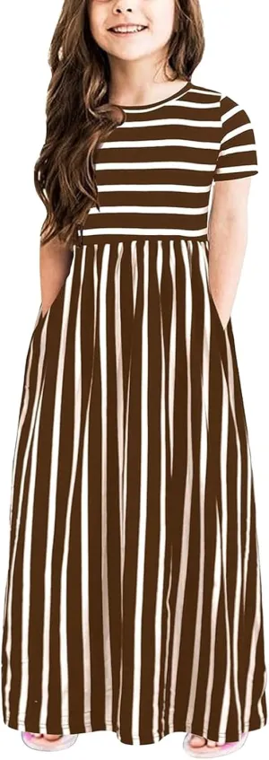 Toddler Kids Children Girls Short Sleeve Sundress Stripe Print Summer Beach Holiday Dress Cute Maxi Dress