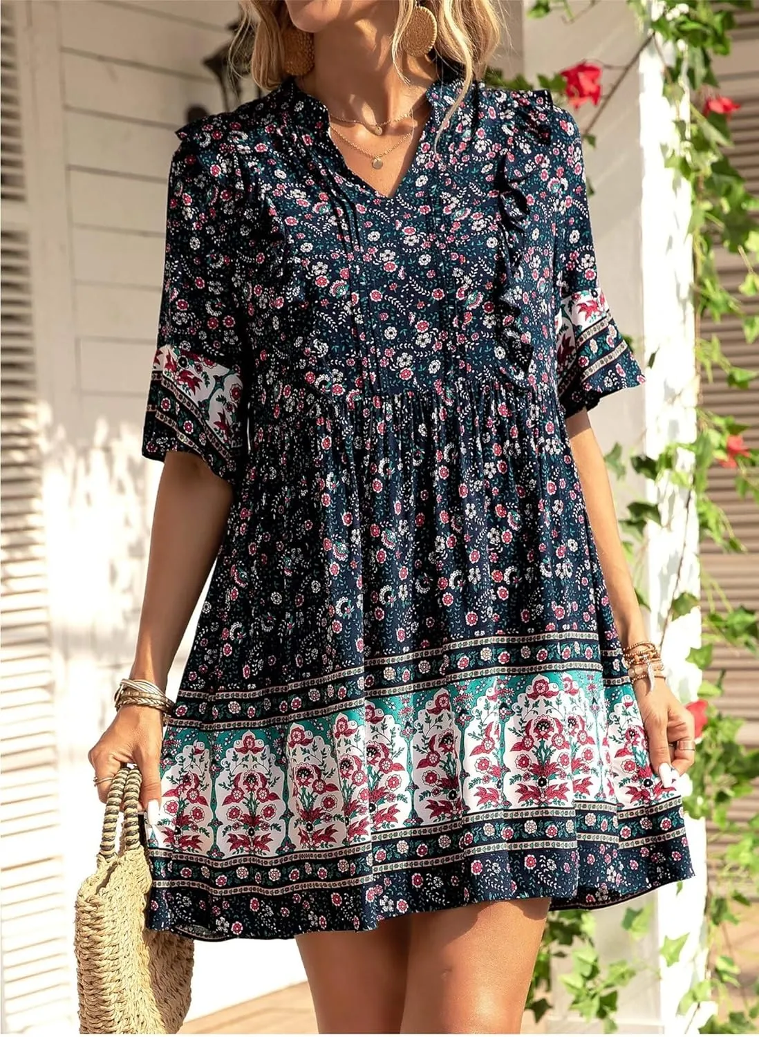 Trendy Summer Dresses Womens Elegant Short Sleeve V Neck Floral Mini Dresses Casual Flowy Beach Vacation Dresses Cute