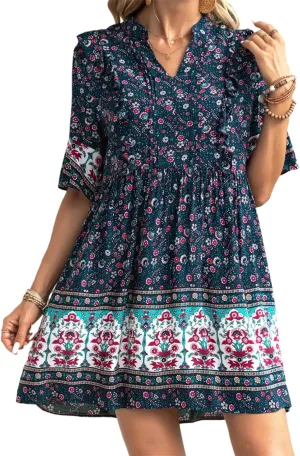 Trendy Summer Dresses Womens Elegant Short Sleeve V Neck Floral Mini Dresses Casual Flowy Beach Vacation Dresses Cute