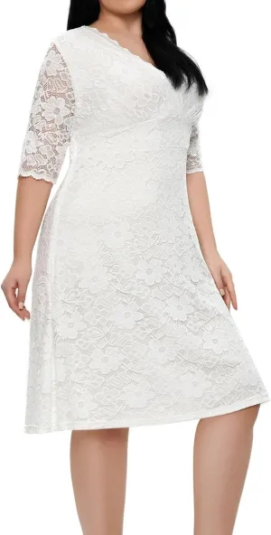 TUNUSKAT Womens Plus Size Midi Lace Cocktail Dresses Elegant Half Sleeve Wedding Guest Dresses Slim Formal Party Evening Gown