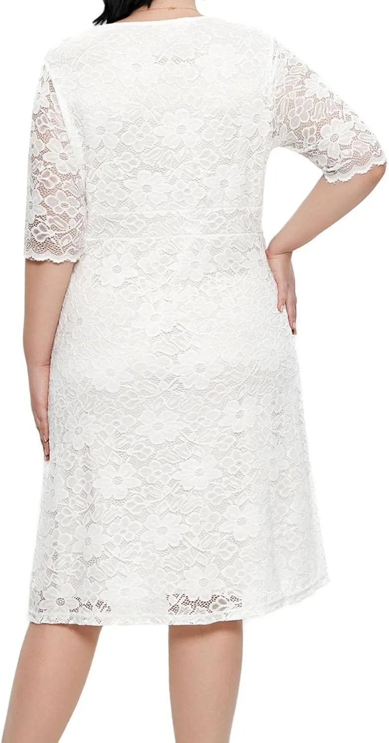 TUNUSKAT Womens Plus Size Midi Lace Cocktail Dresses Elegant Half Sleeve Wedding Guest Dresses Slim Formal Party Evening Gown