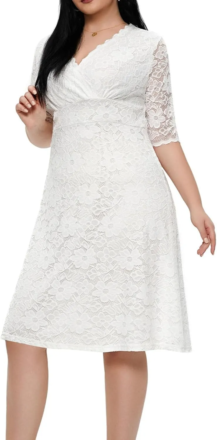 TUNUSKAT Womens Plus Size Midi Lace Cocktail Dresses Elegant Half Sleeve Wedding Guest Dresses Slim Formal Party Evening Gown