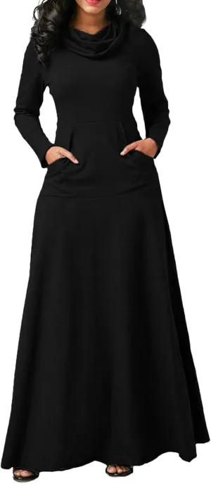 Turtleneck Maxi Dress for Women Plus Size Winter Elegant Solid Swing Casual Long Sleeve Long Dresses with Pocket