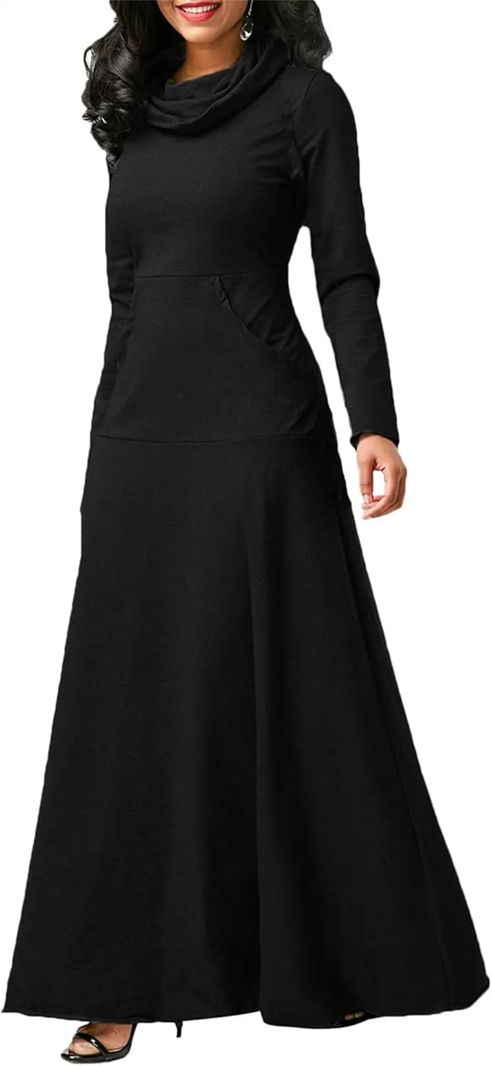 Turtleneck Maxi Dress for Women Plus Size Winter Elegant Solid Swing Casual Long Sleeve Long Dresses with Pocket