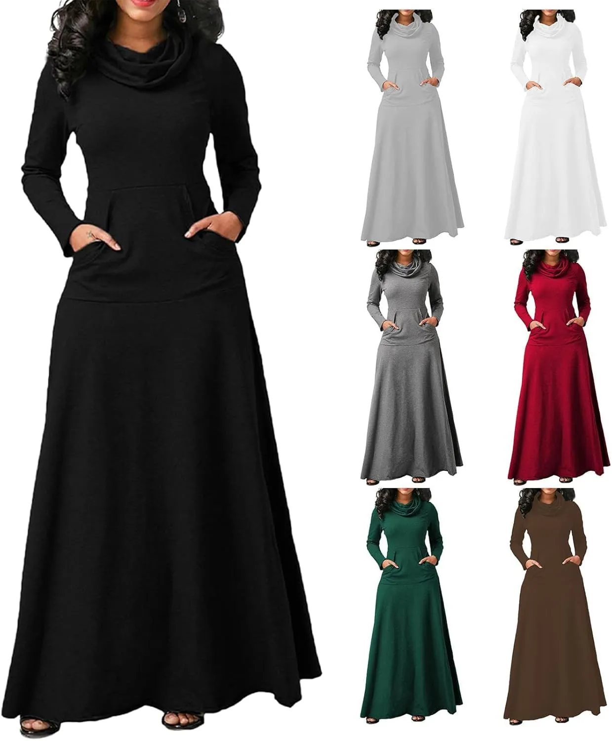 Turtleneck Maxi Dress for Women Plus Size Winter Elegant Solid Swing Casual Long Sleeve Long Dresses with Pocket