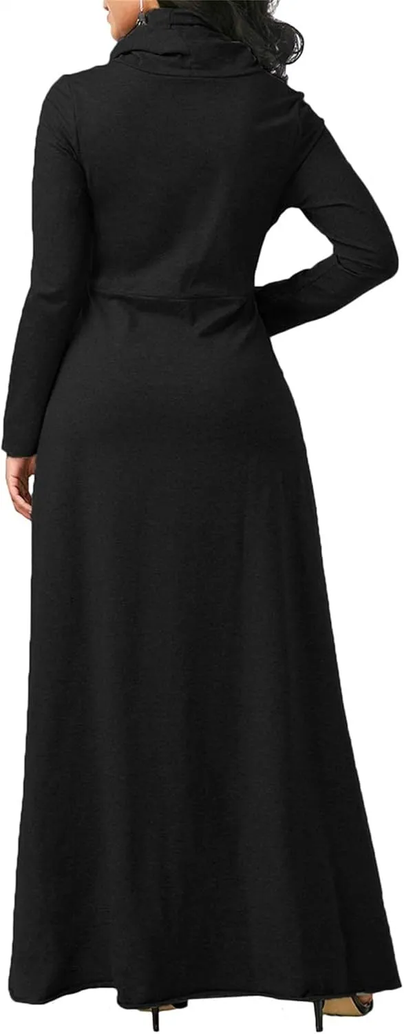 Turtleneck Maxi Dress for Women Plus Size Winter Elegant Solid Swing Casual Long Sleeve Long Dresses with Pocket
