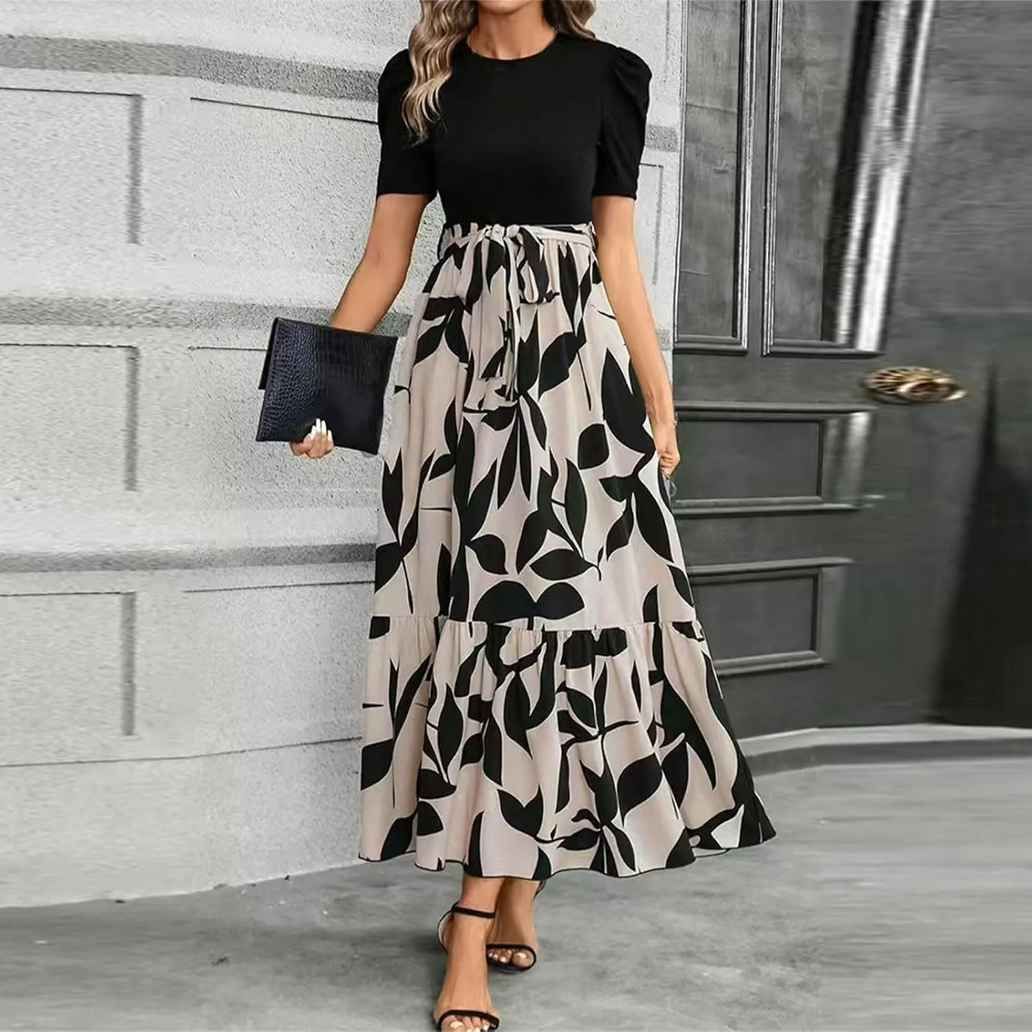 TWGONE Summer Dresses for Women Short Sleeve Casual Long Maxi Dress Floral Print Flowy Dresses with Belt