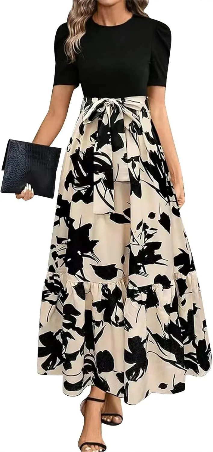 TWGONE Summer Dresses for Women Short Sleeve Casual Long Maxi Dress Floral Print Flowy Dresses with Belt