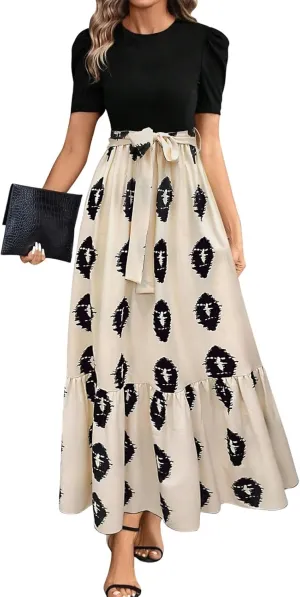 TWGONE Summer Dresses for Women Short Sleeve Casual Long Maxi Dress Floral Print Flowy Dresses with Belt