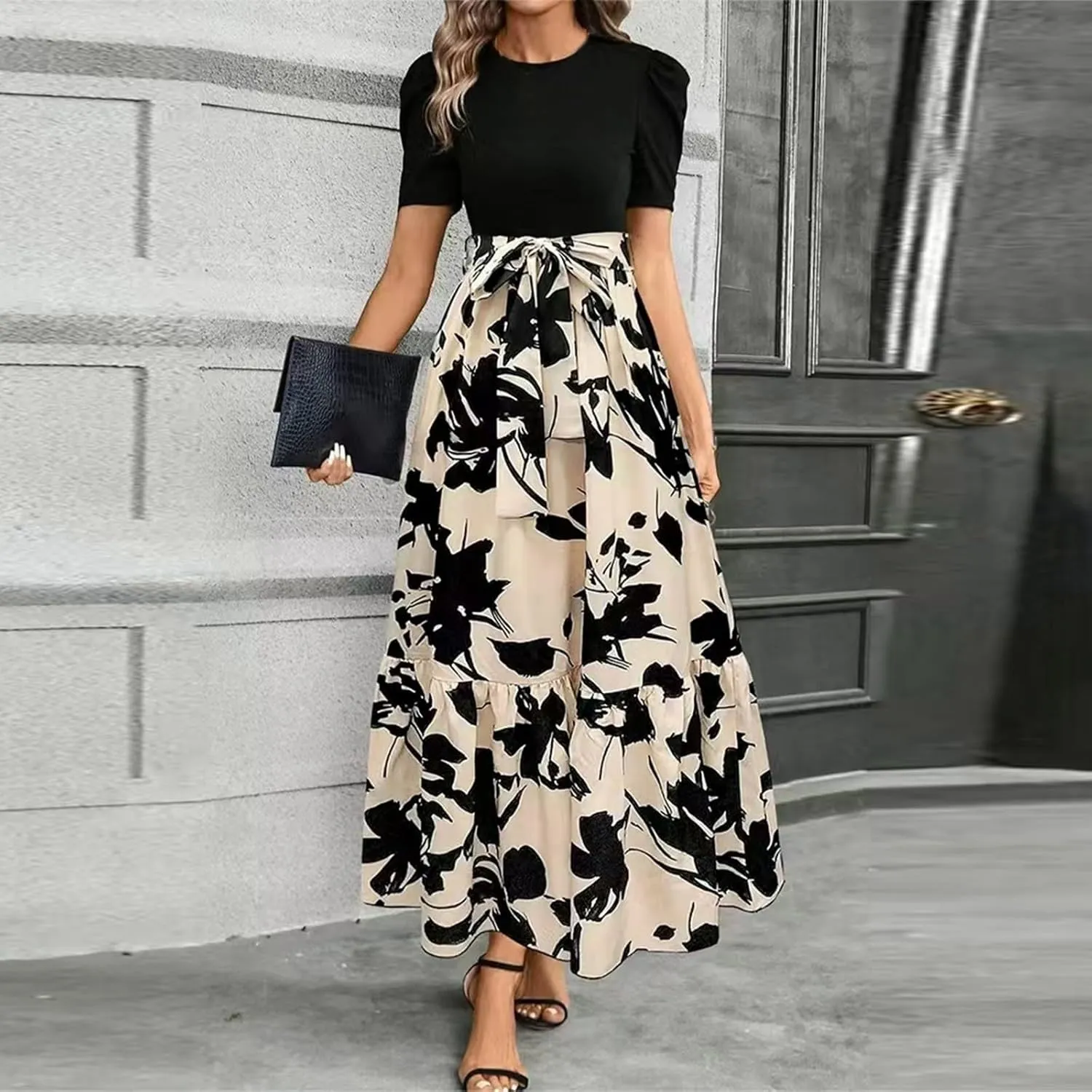 TWGONE Summer Dresses for Women Short Sleeve Casual Long Maxi Dress Floral Print Flowy Dresses with Belt