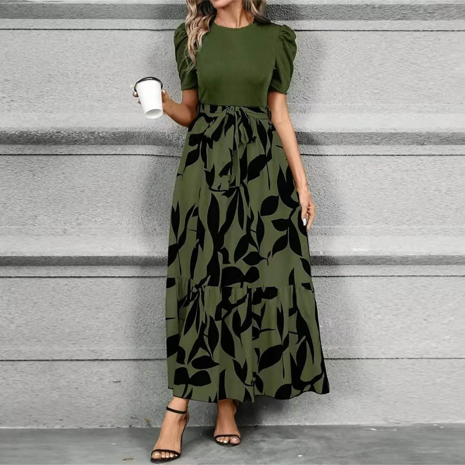 TWGONE Summer Dresses for Women Short Sleeve Casual Long Maxi Dress Floral Print Flowy Dresses with Belt