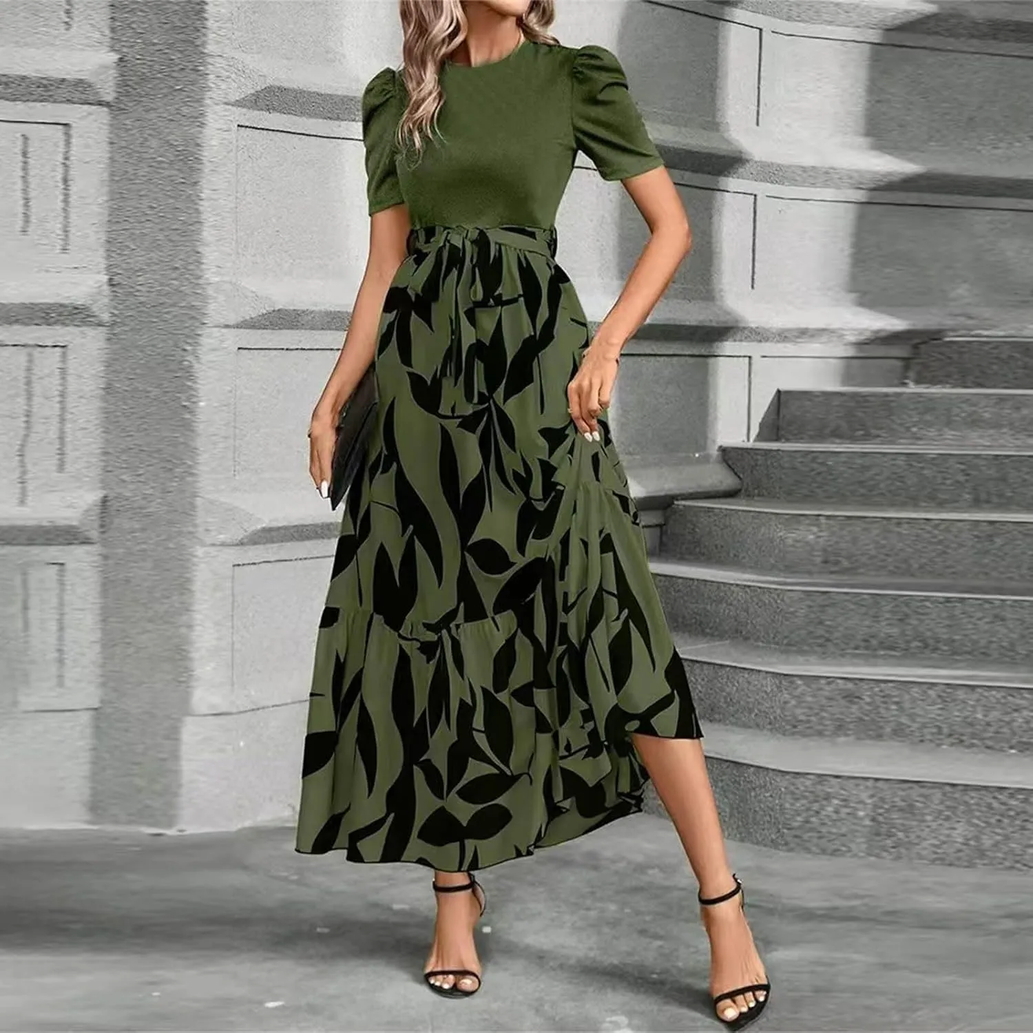 TWGONE Summer Dresses for Women Short Sleeve Casual Long Maxi Dress Floral Print Flowy Dresses with Belt