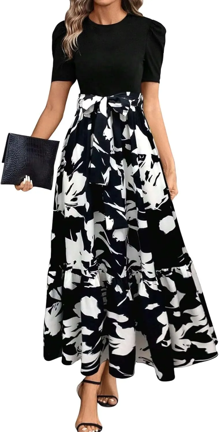 TWGONE Summer Dresses for Women Short Sleeve Casual Long Maxi Dress Floral Print Flowy Dresses with Belt