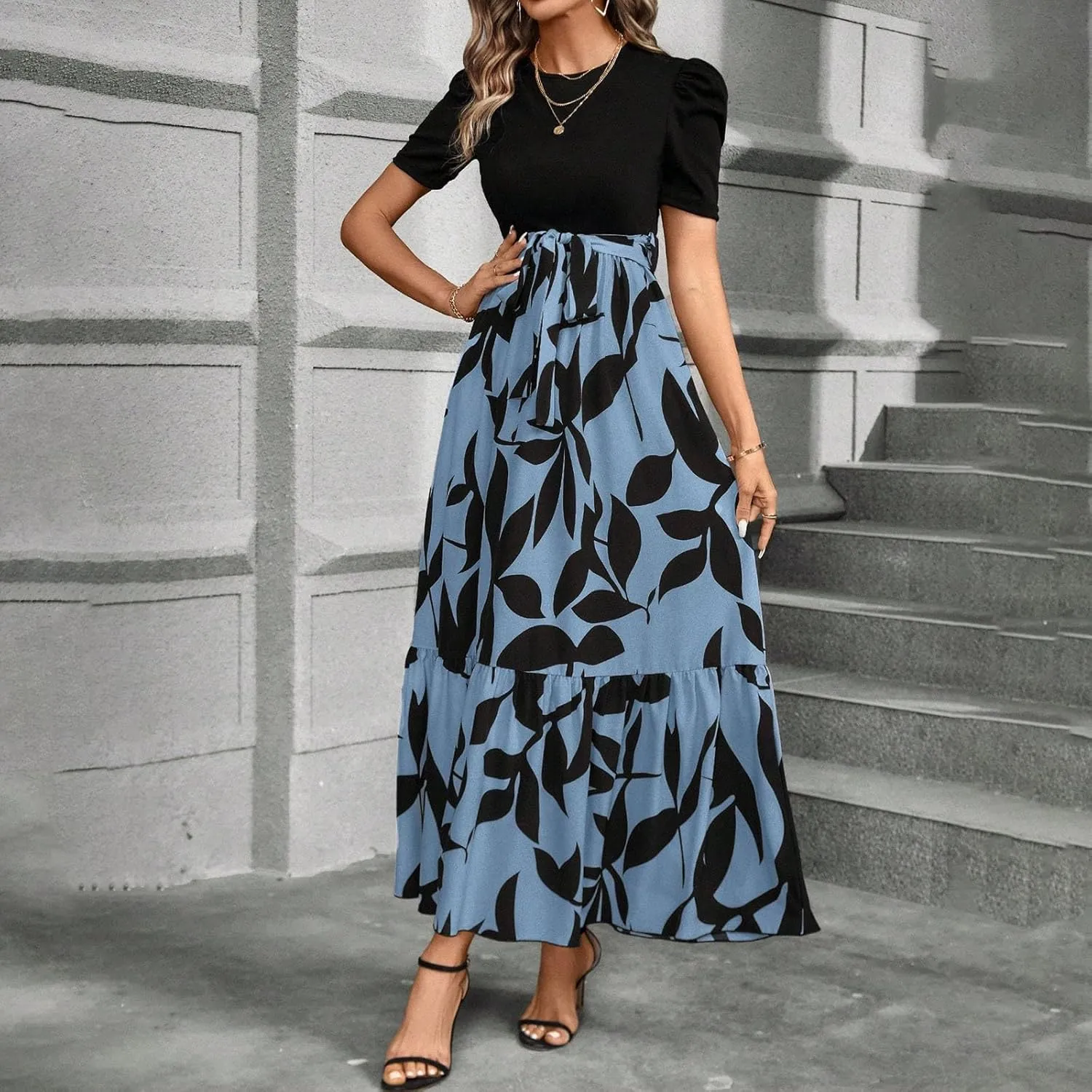 TWGONE Summer Dresses for Women Short Sleeve Casual Long Maxi Dress Floral Print Flowy Dresses with Belt