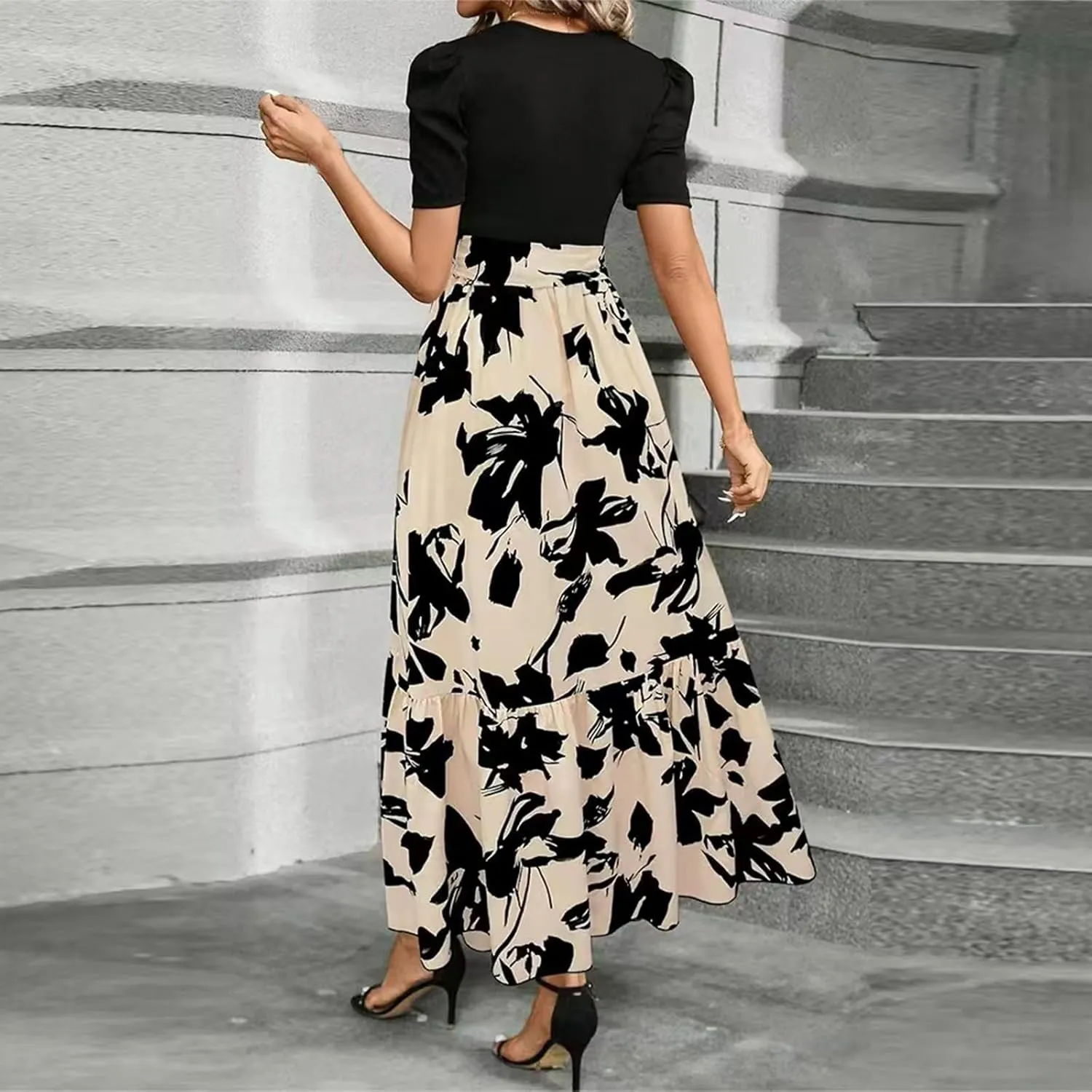 TWGONE Summer Dresses for Women Short Sleeve Casual Long Maxi Dress Floral Print Flowy Dresses with Belt