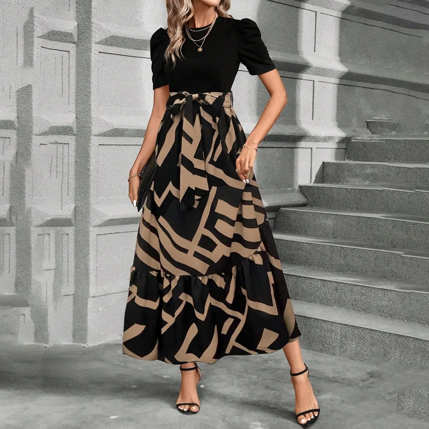 TWGONE Summer Dresses for Women Short Sleeve Casual Long Maxi Dress Floral Print Flowy Dresses with Belt