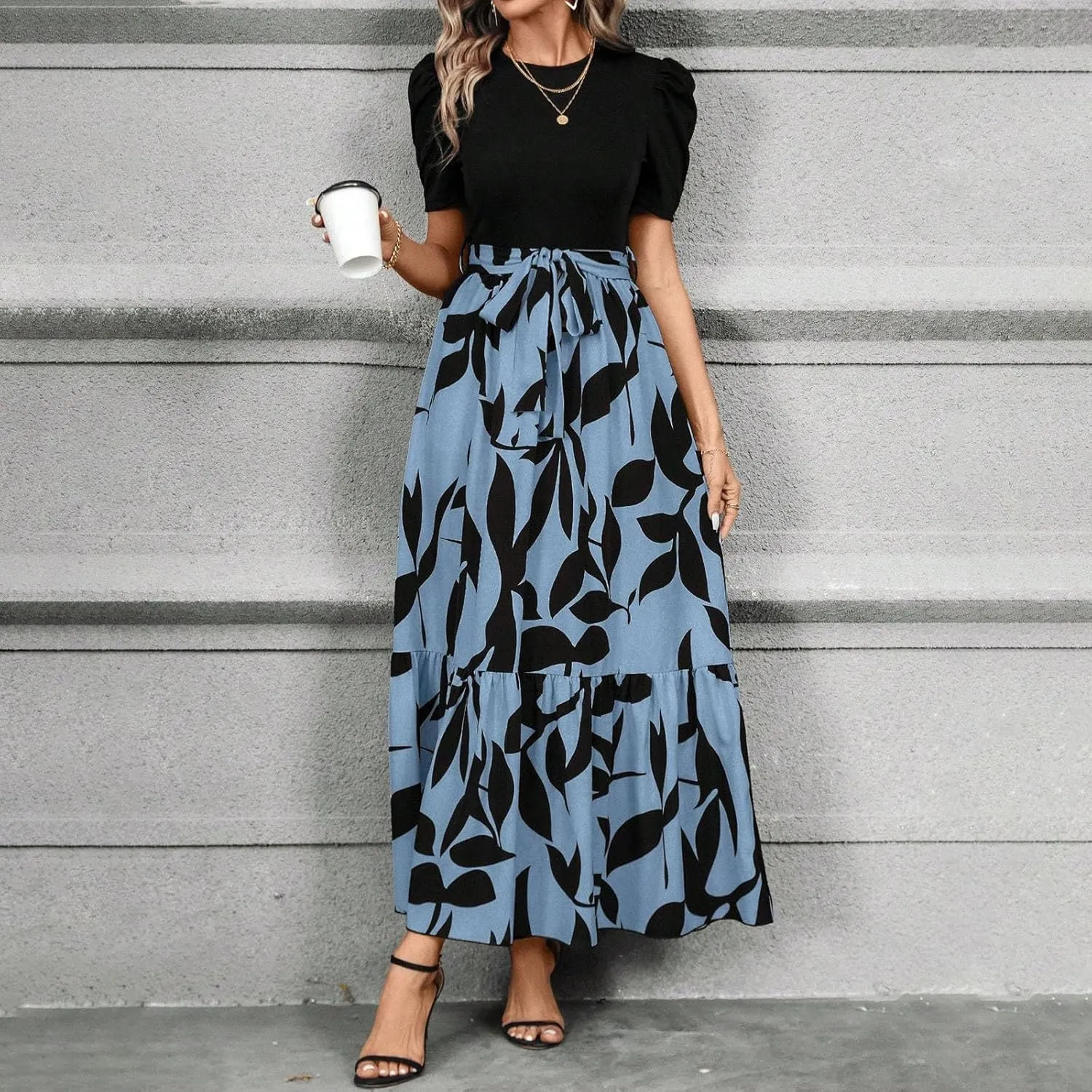 TWGONE Summer Dresses for Women Short Sleeve Casual Long Maxi Dress Floral Print Flowy Dresses with Belt
