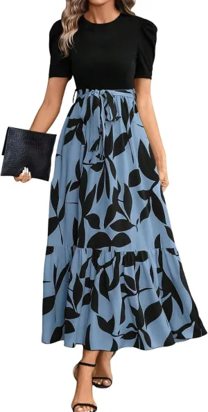 TWGONE Summer Dresses for Women Short Sleeve Casual Long Maxi Dress Floral Print Flowy Dresses with Belt