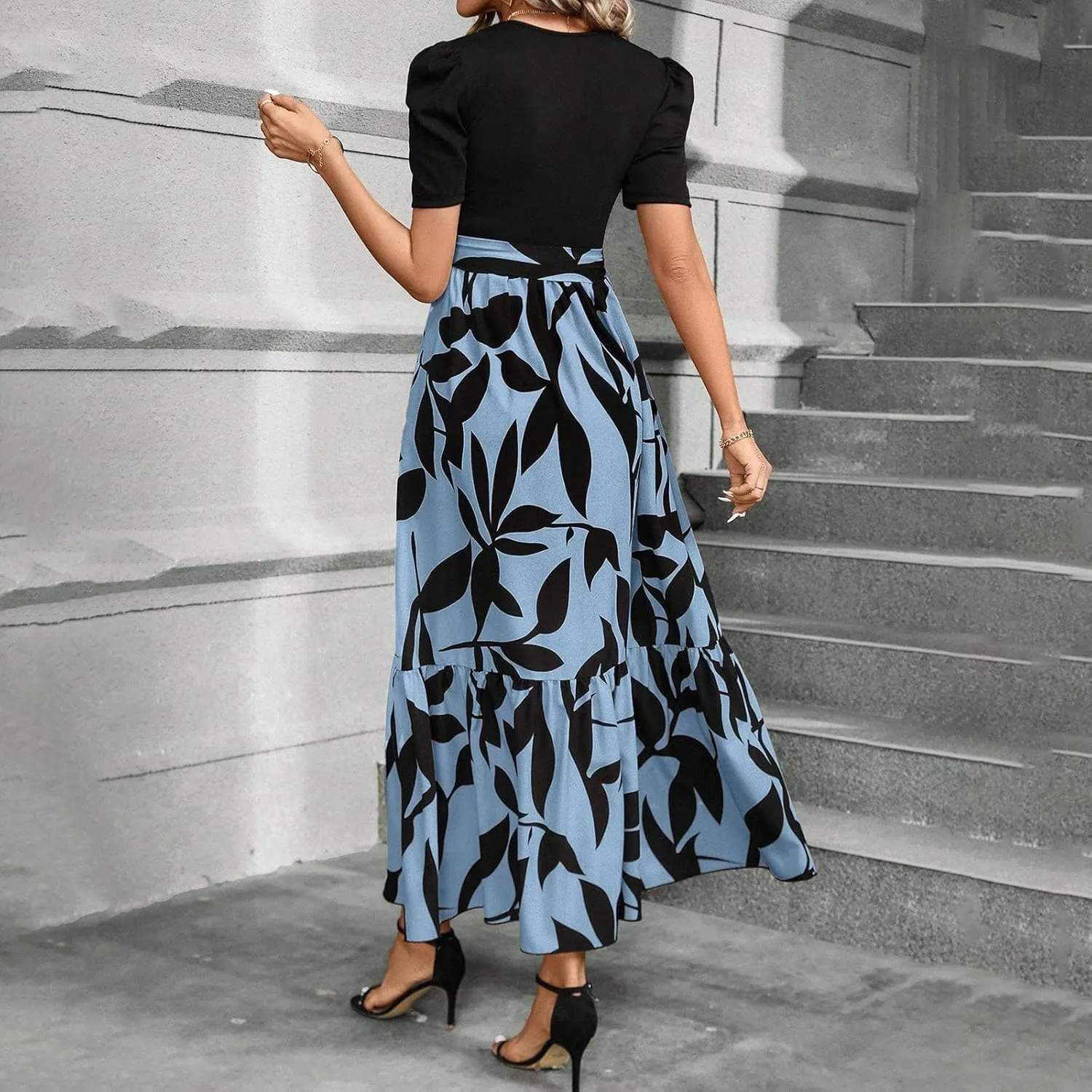 TWGONE Summer Dresses for Women Short Sleeve Casual Long Maxi Dress Floral Print Flowy Dresses with Belt