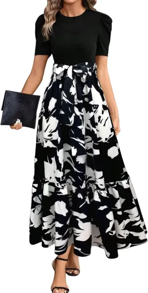 TWGONE Summer Dresses for Women Short Sleeve Casual Long Maxi Dress Floral Print Flowy Dresses with Belt