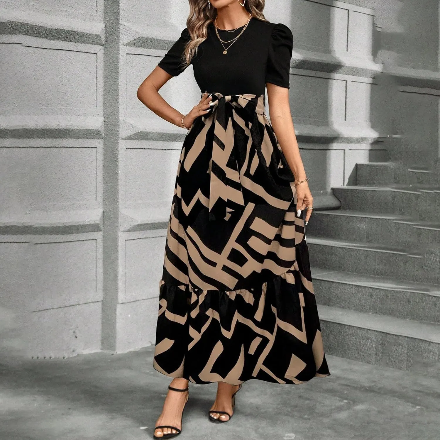 TWGONE Summer Dresses for Women Short Sleeve Casual Long Maxi Dress Floral Print Flowy Dresses with Belt