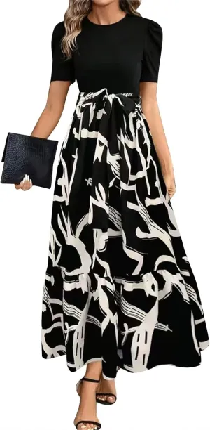 TWGONE Summer Dresses for Women Short Sleeve Casual Long Maxi Dress Floral Print Flowy Dresses with Belt