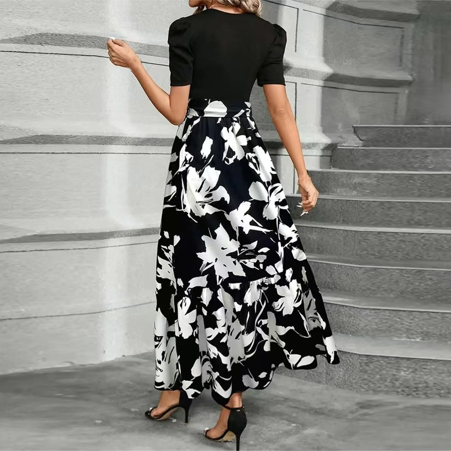TWGONE Summer Dresses for Women Short Sleeve Casual Long Maxi Dress Floral Print Flowy Dresses with Belt