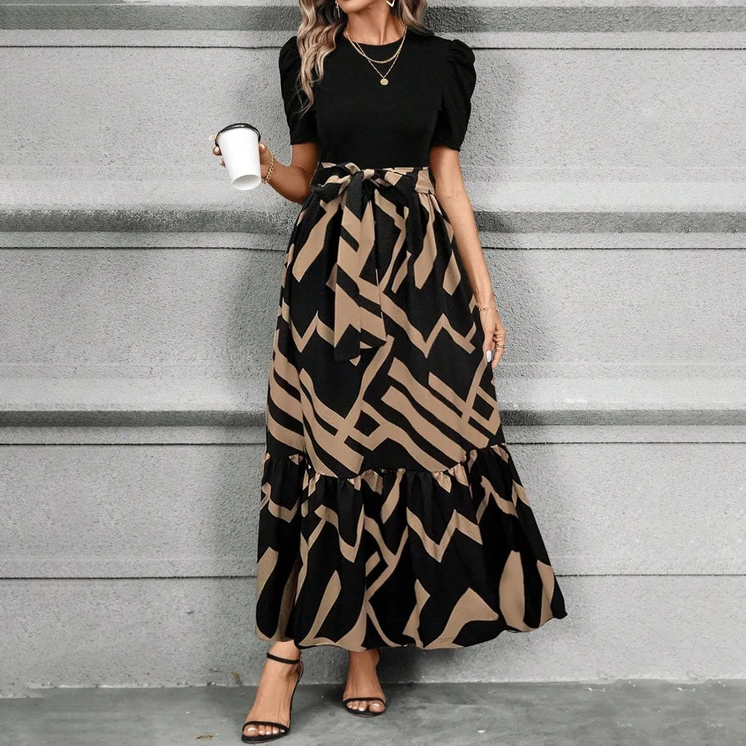TWGONE Summer Dresses for Women Short Sleeve Casual Long Maxi Dress Floral Print Flowy Dresses with Belt