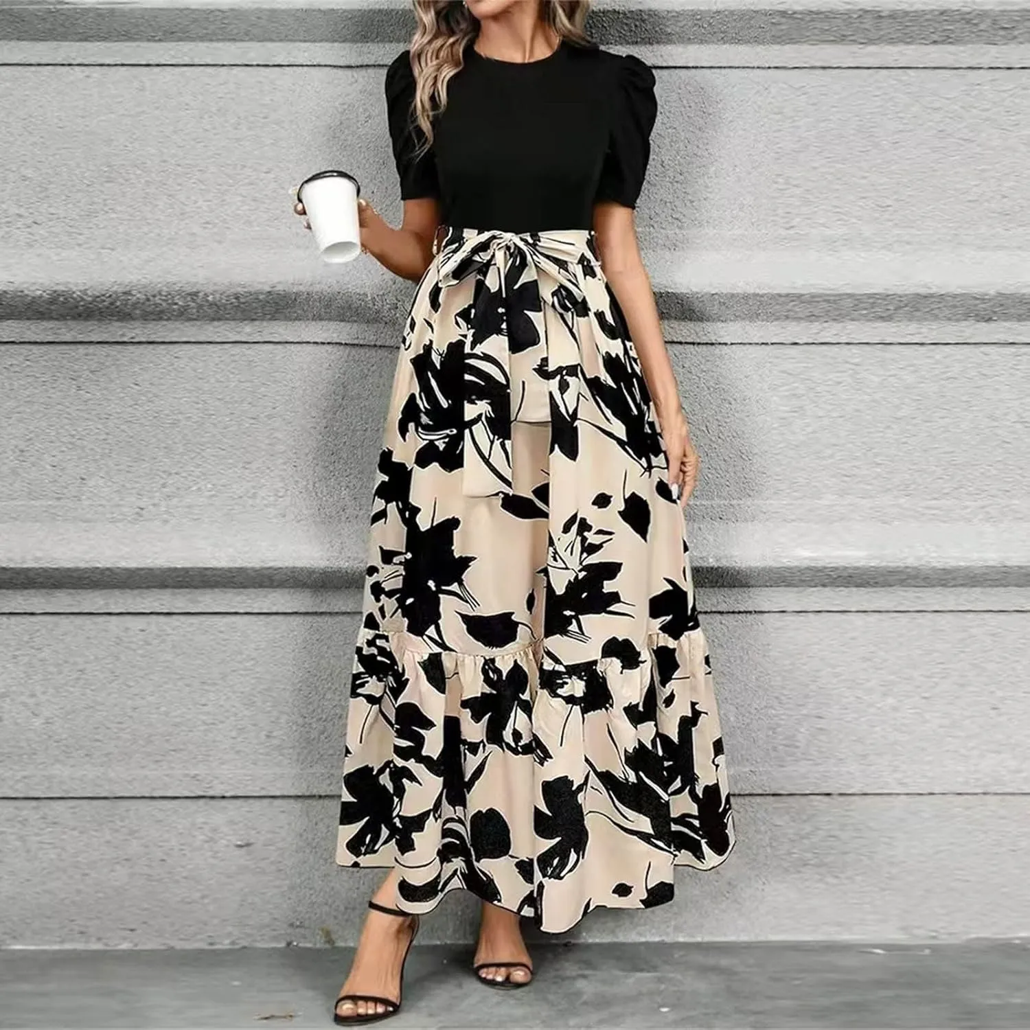 TWGONE Summer Dresses for Women Short Sleeve Casual Long Maxi Dress Floral Print Flowy Dresses with Belt