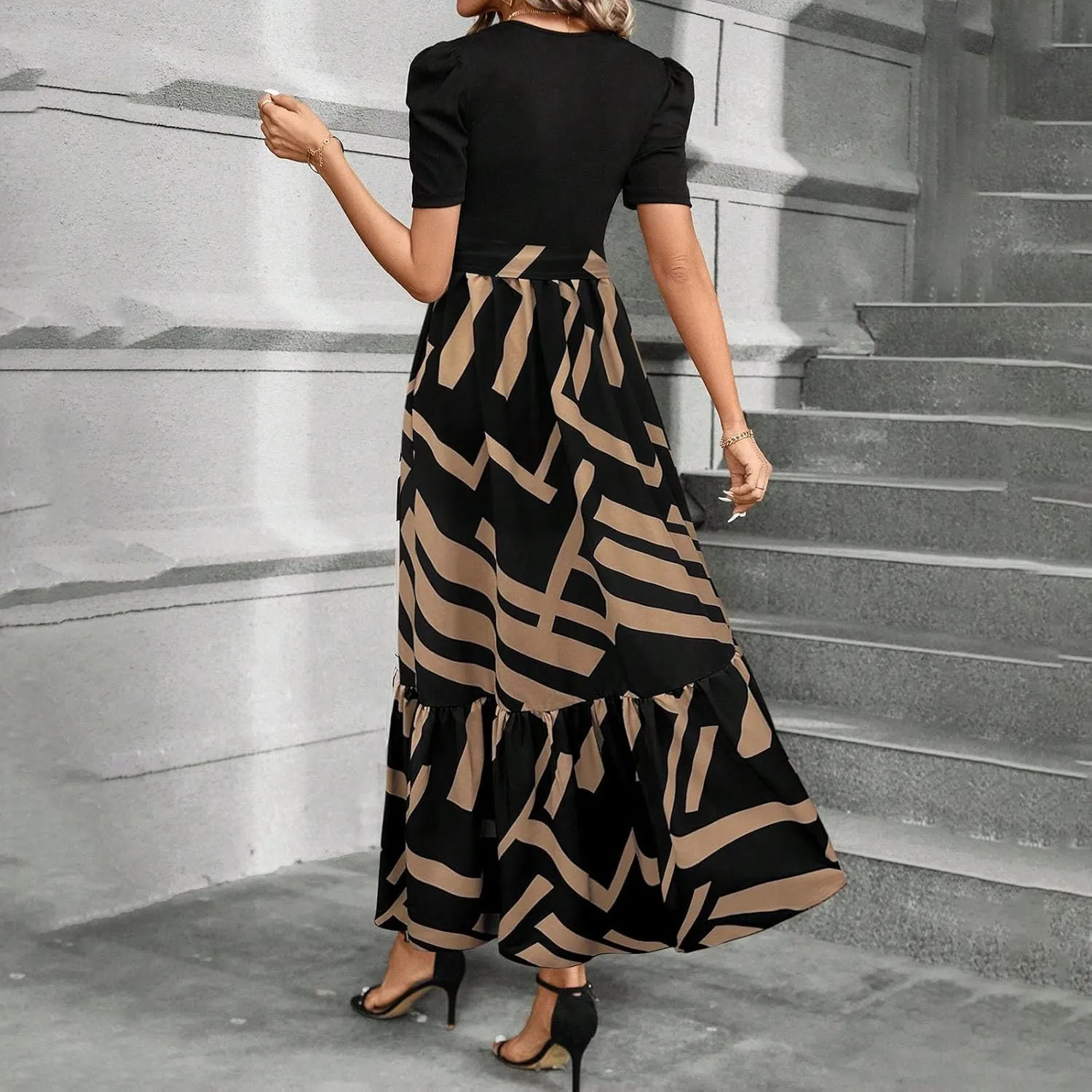 TWGONE Summer Dresses for Women Short Sleeve Casual Long Maxi Dress Floral Print Flowy Dresses with Belt