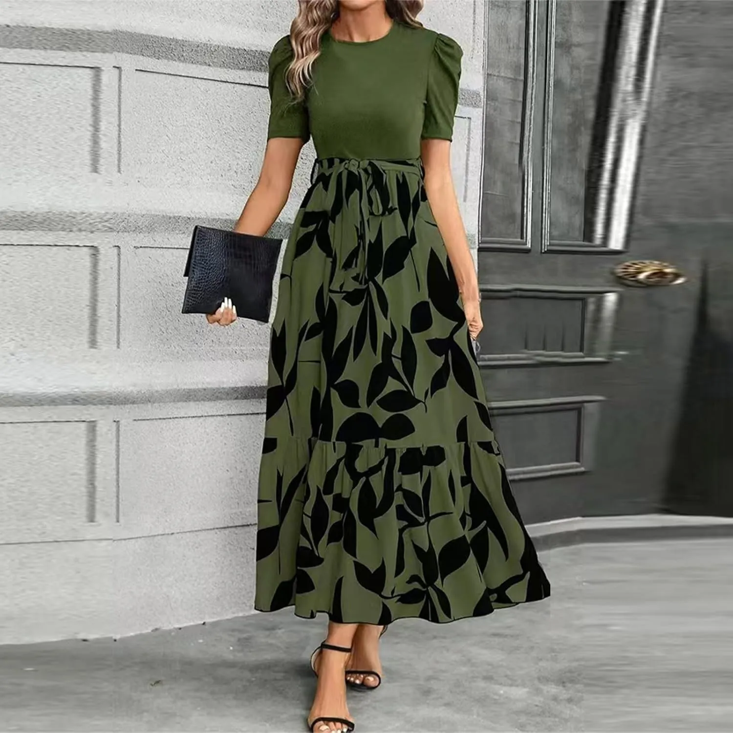 TWGONE Summer Dresses for Women Short Sleeve Casual Long Maxi Dress Floral Print Flowy Dresses with Belt