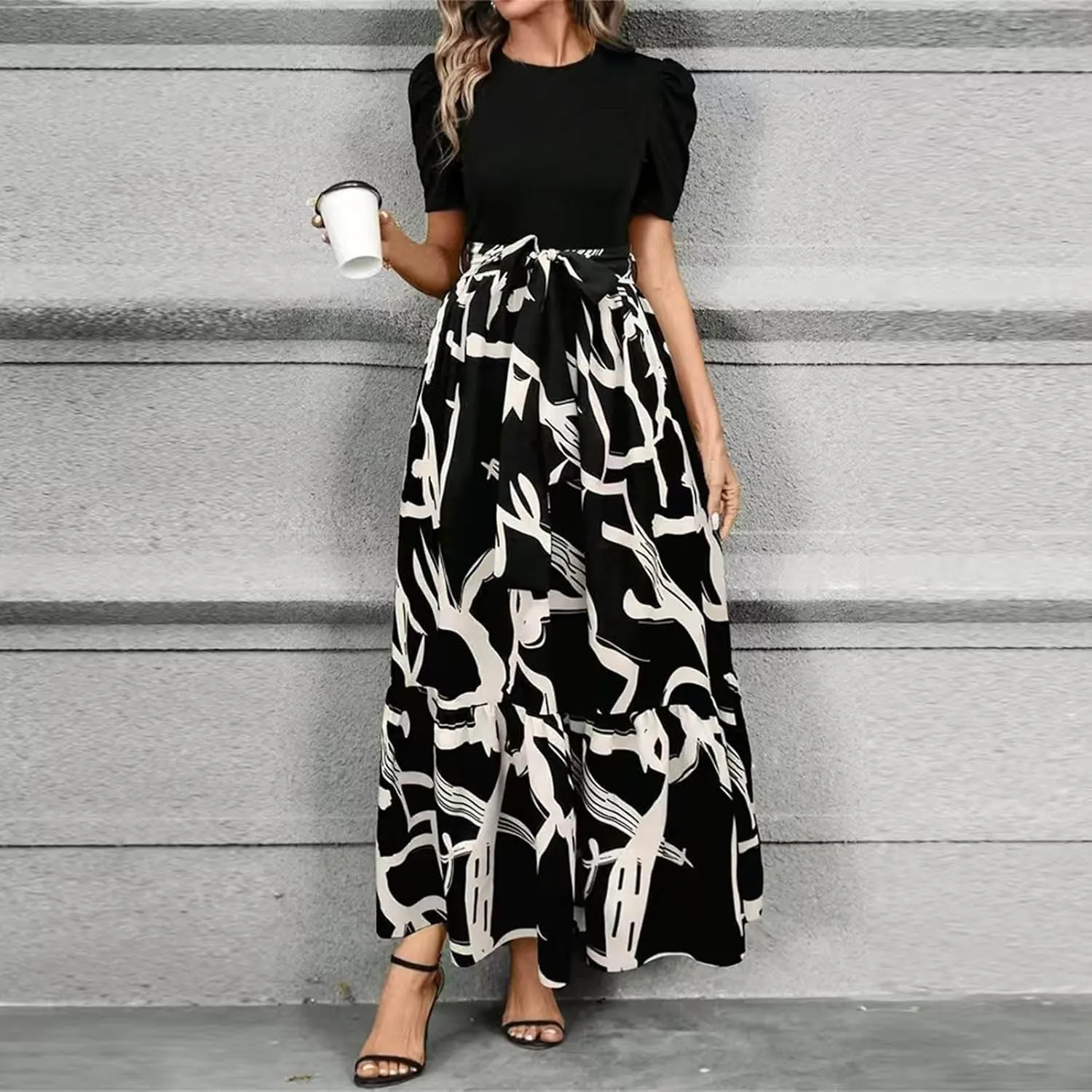 TWGONE Summer Dresses for Women Short Sleeve Casual Long Maxi Dress Floral Print Flowy Dresses with Belt