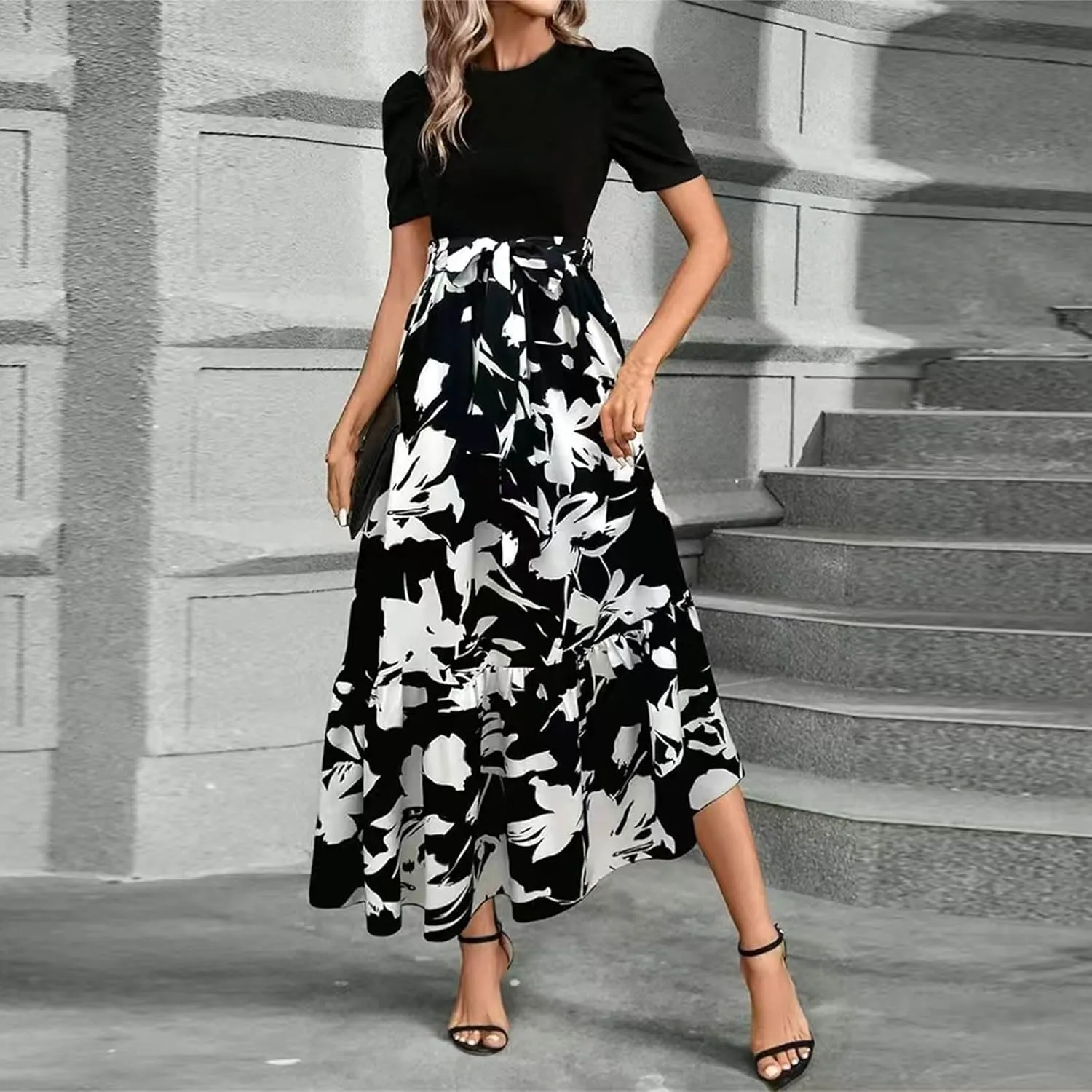 TWGONE Summer Dresses for Women Short Sleeve Casual Long Maxi Dress Floral Print Flowy Dresses with Belt